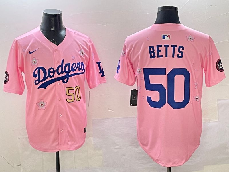 Men Los Angeles Dodgers #50 Betts Pink Sakura Edition 2025 Nike MLB Jersey style 7